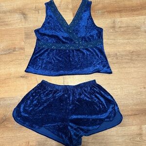Vtg 90s Avon Midnight Blue Crushed Velvet Pajama Set Medium Y2K Velour Lace Trim